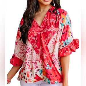 Umgee Women's Floral Animal Mixed Print Crossbody Boho Top Sz Large NWT